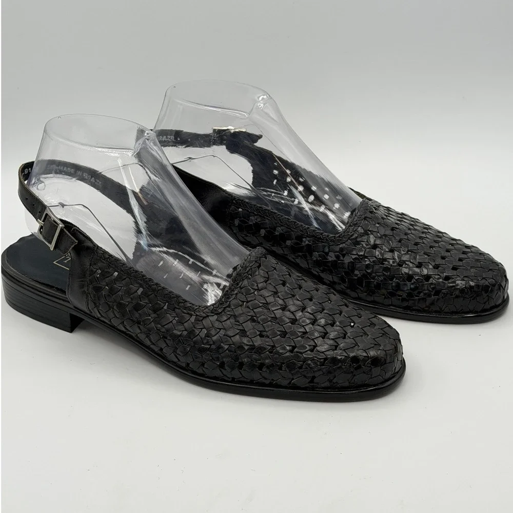 Trotters Lea Woven Leather Slingback Flats Women 10M Black Brazil Classic Office